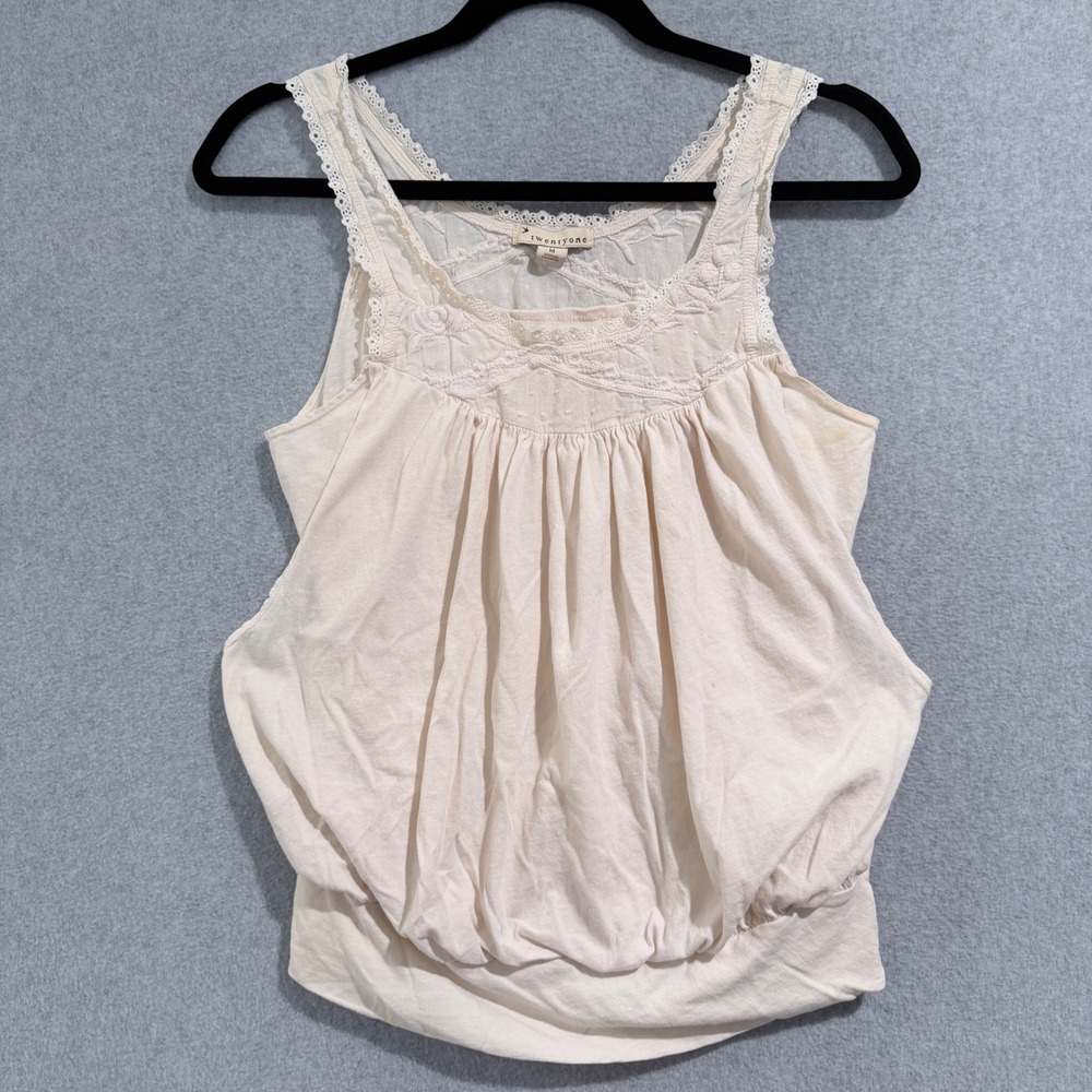Boho Women Cream Lace Trim Embroidered Bubble Hem Tank Top Size M Cottagecore